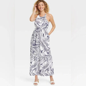 Halter Dress: A New Day Sleeveless Tiered Dress. White and Purple Grey. Sz L